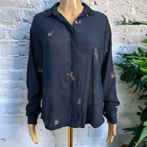 Anthropologie Nümph Metallic Embroidered Fruit Sheer Navy Button Down Blouse