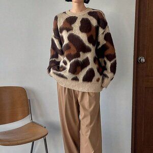 Coffee Brown Casual Women's Leopard Print Drop Shoulder Sweater