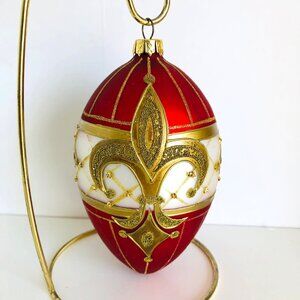 Fleur De Lis Christmas Ornament Glass Gold Glitter Red Egg *Excludes Stand