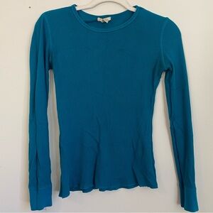 Teal Blue Waffle-Knit Crew Neck Long Sleeve Ribbed Thermal Shirt