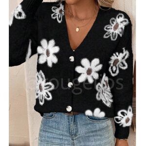 Black Cardigan Knit Flower Textured Button Front Stretchy, Soft Long Sleeve