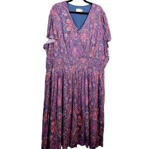 NWT, Terra & Sky, Size 4X Purple Boho Paisley Crinkle Gauze Print S/S Midi Dress