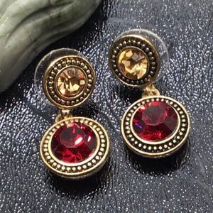 Napier Dangle Earrings Gold Tone Red Signed Costume Jewelry