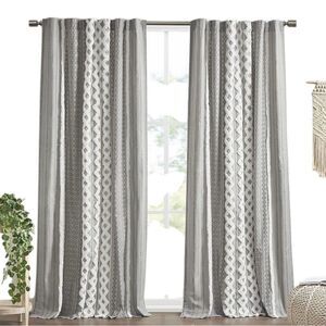 INK+IVY Imani Cotton Printed Curtain Panel with Chenille Stripe and Lining NEW