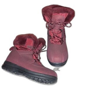 Floopi Faux Fur Boots Burgundy Lace-up Winter Shoes Booties Fleece-Lined Size 10