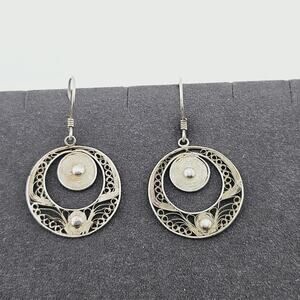 Vintage 925 Sterling Silver Drop Statement Earrings Delicate Filigree Regal