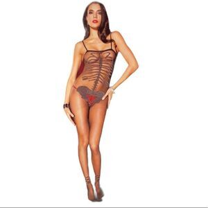 Music Legs Lingerie Sheer Crotchless Body Stocking With Glittery Skeleton OS