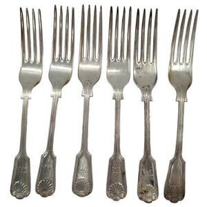 Sheffield England Antique Silver Plate Fiddle Thread and Shell set 6 Dinner Fork