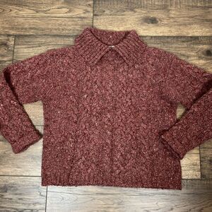 Eddie Bauer Sweater Womens Small Maroon Knit 100% Wool Collared Pullover