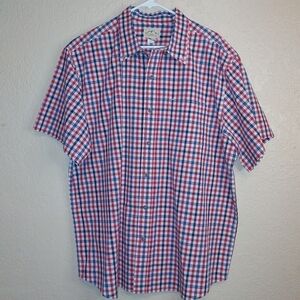 Men's BLUE MOUNTAIN Short Sleeve Button Down Shirt~Plaid~Size XL RED WHITE BLUE