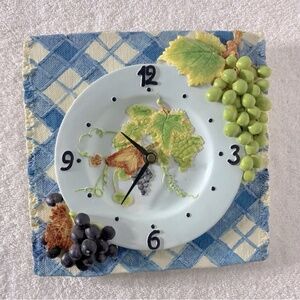 Vintage Handmade 3D Clock  Grapes Dinner Plate With Blue Plaid Tablecloth