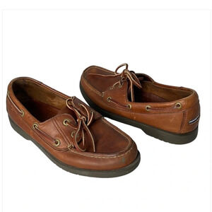 .Vintage 90s Rockport  Men’s Nutmeg Brown Leather Deck Boat Shoes Brass Eye 7