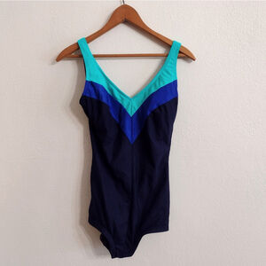 Vintage 90s Slim Allure Black Blue Multi Stripe One Piece Swimsuit Low Back Size