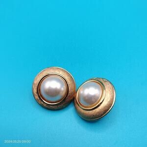 Napier 1" Gold Tone Post Faux Pearl Dome Earrings