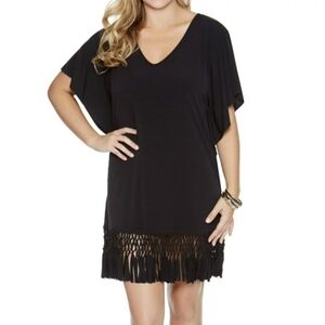 Dotti Womens Mini Dress Braided Fringe Hem Scoop Neck Black Cover Up Tunic Sz 2X