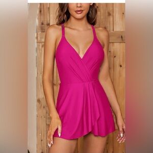 Women’s One Piece Swimdress Swimsuit V Neck Crisscross Skirted Size M