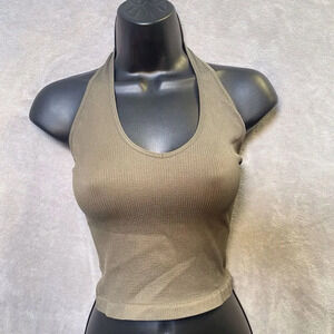 Y2K Olive Green Halter Cropped Top Scopped Neck Size M/L  Petite