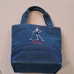 Denim Golf Bag The Girls Bag Mini Tote Travel Embroidery Red Daisy Floral Lining