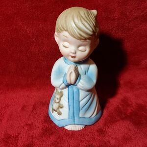 Vintage Porcelain Boy In Blue Praying With Teddy Bear Bell