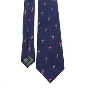 Lauren Ralph Lauren Tie 100% Silk Made By Hand Navy Pink Flamingo All Over