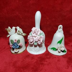 Vintage 3D Raised Floral Roses Ceramic Dinner Hand Bells Lot Of 3