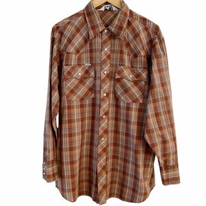 Vtg 80's CHUTE #1 Cowboy Shirt Western Brown PLAID Pearl Snap ROCKABILLY Size XL