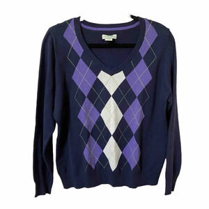 Caribbean Joe Blue Purple Argyle V-neck Cotton Sweater Womens  XL