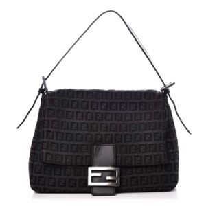 FENDI Zucchino FF Mama Vintage Black Canvas Leather Detail Y2K Shoulder Bag