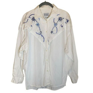 Vintage Embroidered Beaded Western Blouse Shirt Womens Size XL White Blue Button