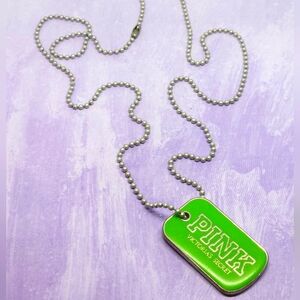 Victoria Secret Pink Dog Tag Necklace Green & Silver Tone