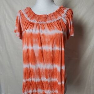 George Tie and Dye Shirt Sleeve Top With Ruched Neck Orange  Size Small