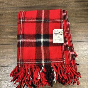 Vintage Red Plaid FARIBO Blanket Acrylic Fringed Poncho Robe Glengary 50x60  New