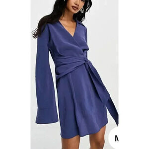 ASOS DESIGN NWOT Size 4 collared wrap front mini dress w/ knot. Navy Blue