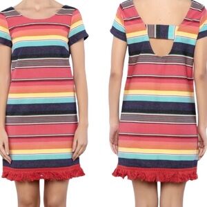 NWT UNCLE FRANK  (Anthro) Weekend Stripe Cotton Dress With Fringe Red Size Small