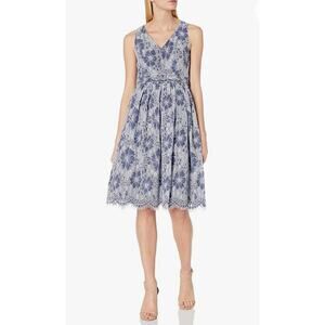 Eliza J Floral Lace Overlay Fit & Flare Dress Size 8 Blue White V Neck