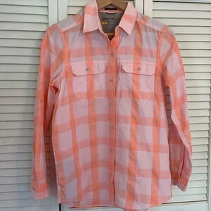 Eddie Bauer Travex Womens XS Peach Plaid Rolltab Long Sleeve Button Up Shirt