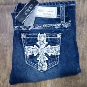 Grace in LA Women's NWT Jeans 27 Bootcut Embroidered Rhinestones  DEFECT