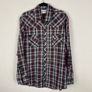 Wrangler Red & Grey Plaid Pearl Snap Shirt Top