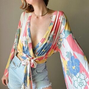 Free People Colorful Floral Flare Sleeve Cropped Wrap Top w/ Front Tie