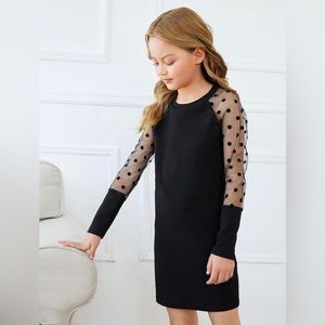 Girl's Sheer Mesh Puff Long Sleeve Round Neck Black Dress Size 9Y