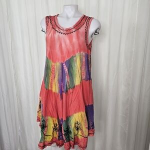 India Boutique rayon flowy swim cover up tie dye embroidered resort wear OS