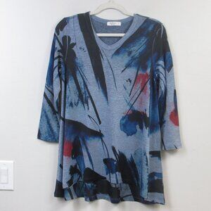 Jess And Jane Tunic Womens S Blue Gray Red Abstract Artsy Paint Brush Strokes