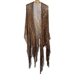 Chico's Women's One Size Brown Copper Metallic Gold Fringed Mesh Boho Wrap