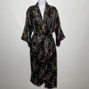 Xinxuan Printed Phoenix Dragon Black Satin Japanese Kimono Duster Robe