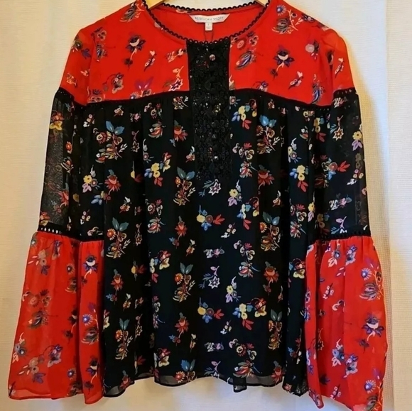 Rebecca Minkoff Tops - Rebecca Minkoff Luca Top Size L Floral Red Multi Bell Sleeves Cottagecore New P5