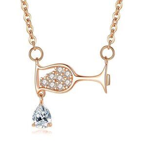 Wine Glass & Drop Pendant Necklace with Cubic Zirconia in Rose Gold Color