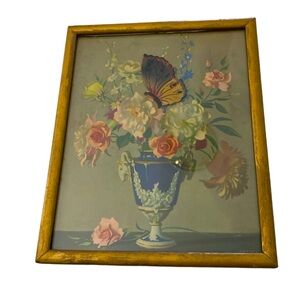 Vintage Framed Floral Print with Unique Découpage/3D Butterfly