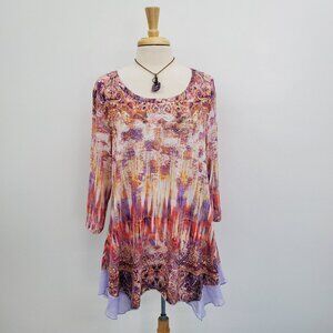 One World Paisley Print Embellished Tunic Top Size L Asymmetric Hem 3/4 Sleeve