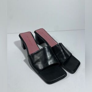 Vintage Bandolino Block Heel Mules Leather Slides Square Toe 90s Y2K Black 10