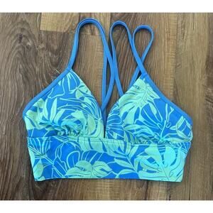 Women Pink Sport Bikini Suit Top Blue Teal Palm Frawns Soft Cups Size Medium EUC